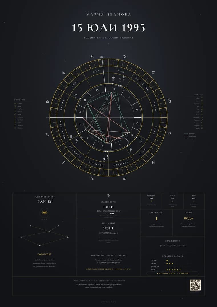 A natal chart poster in the “Minimalist” style: Maria’s wheel, an example