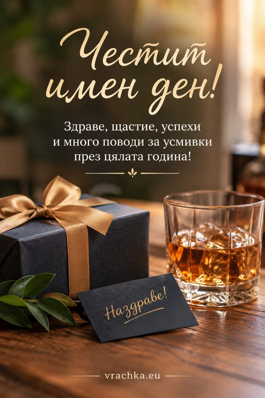 Картичка за имен ден на мъж: подарък, чаша и малка картичка «Наздраве!»