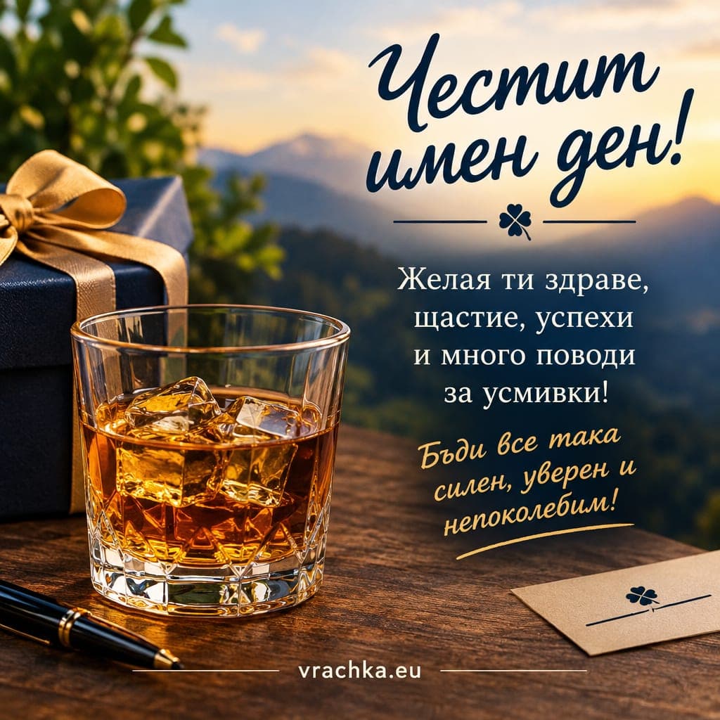 Картичка за имен ден на мъж: подарък със златна панделка и чаша пред планина по залез