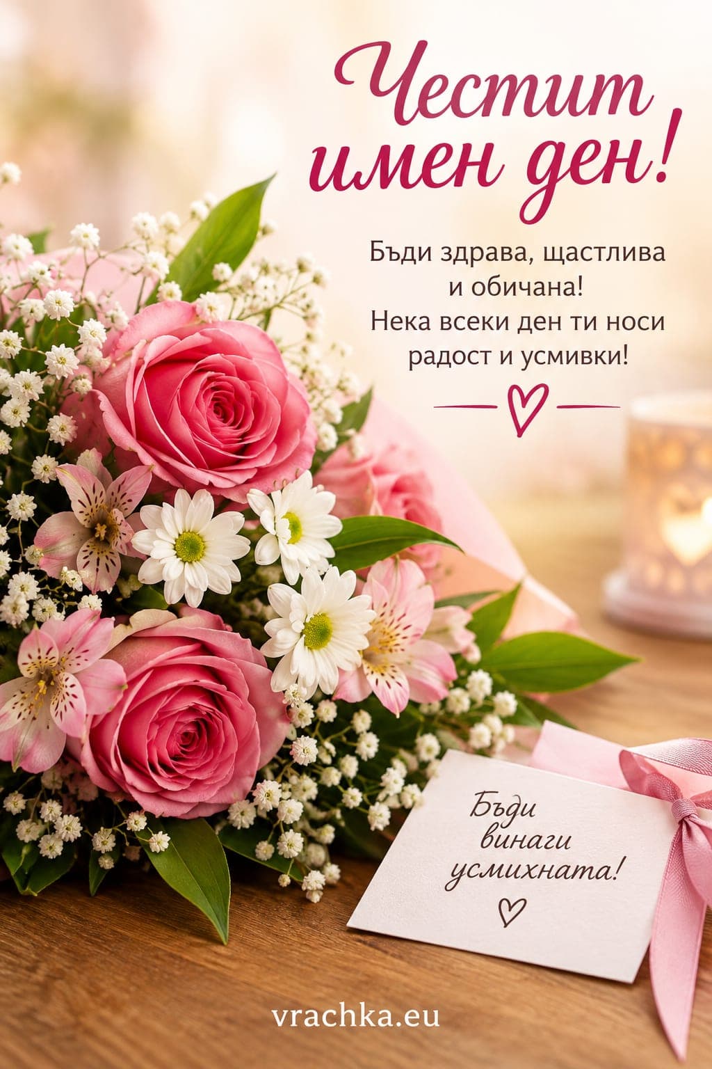Картичка за имен ден на жена: розови рози и маргаритки на дървена маса