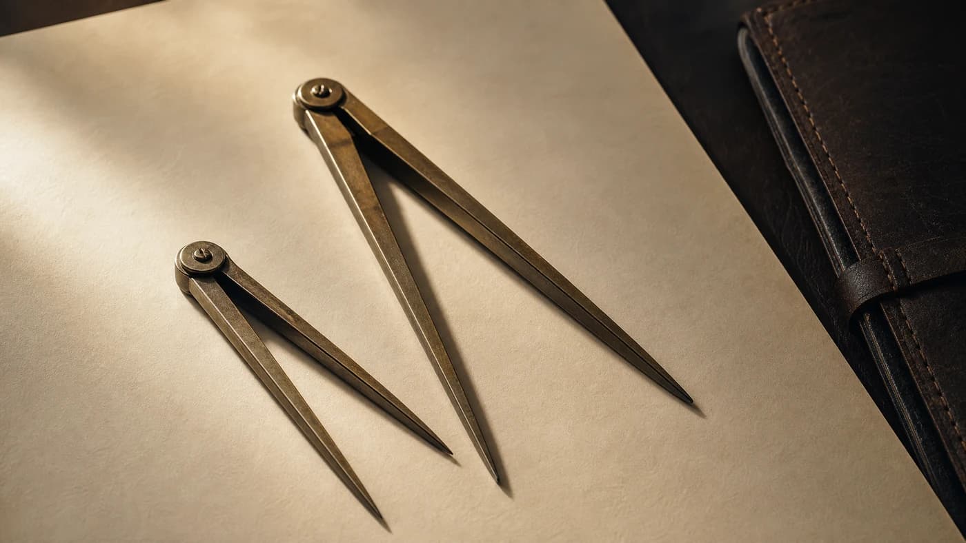 Two brass drafting dividers at different openings on ivory paper