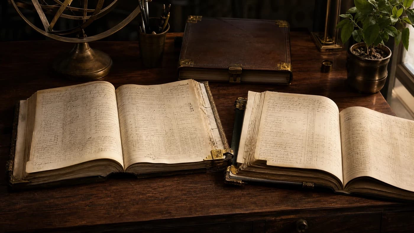 Два отворени тефтера, трети затворен том и месингов пергел