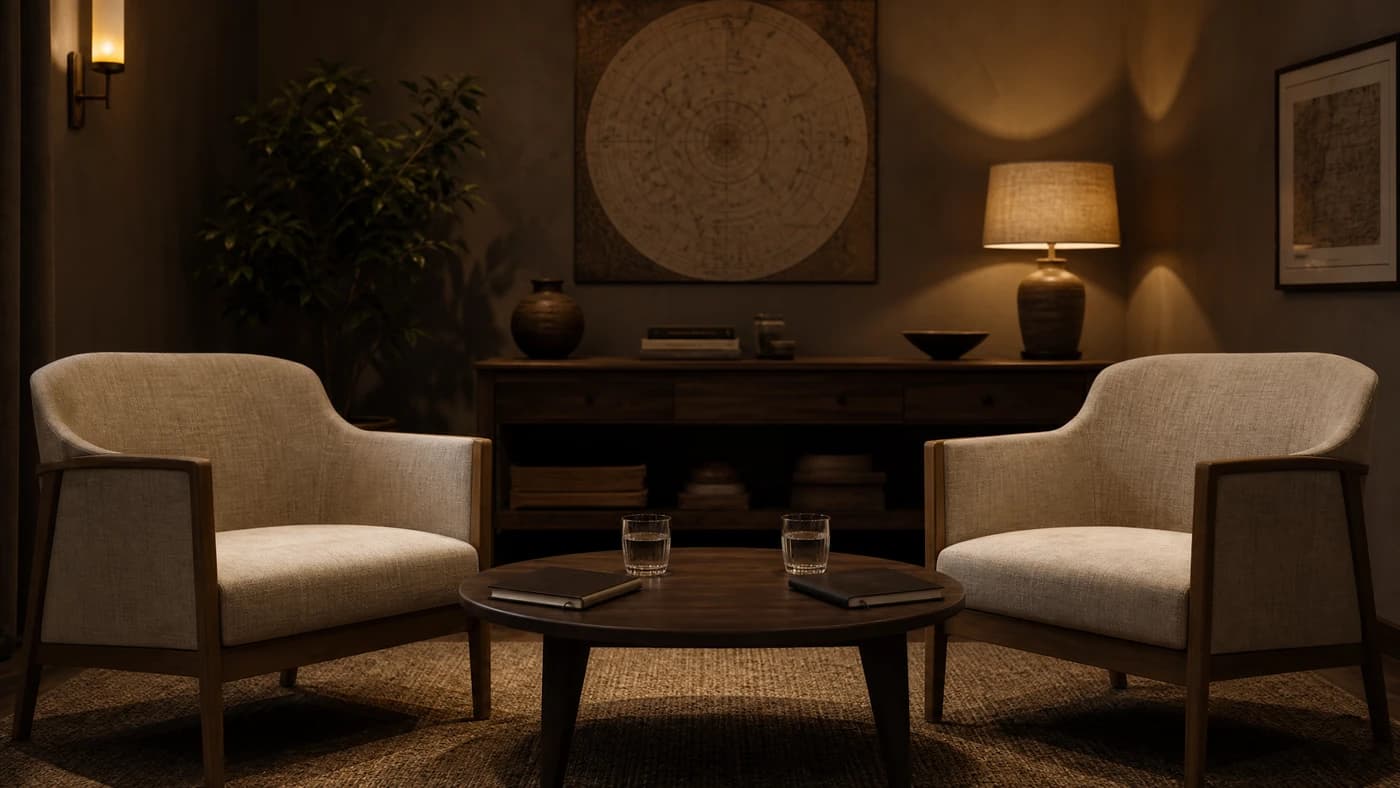 Two armchairs and a low table in a quiet consultation room