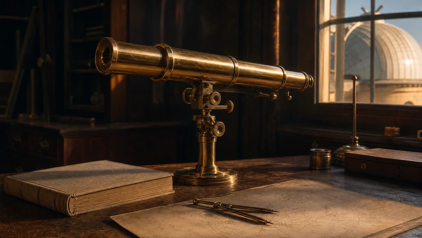 A brass telescope, ledger and dividers on an observatory desk