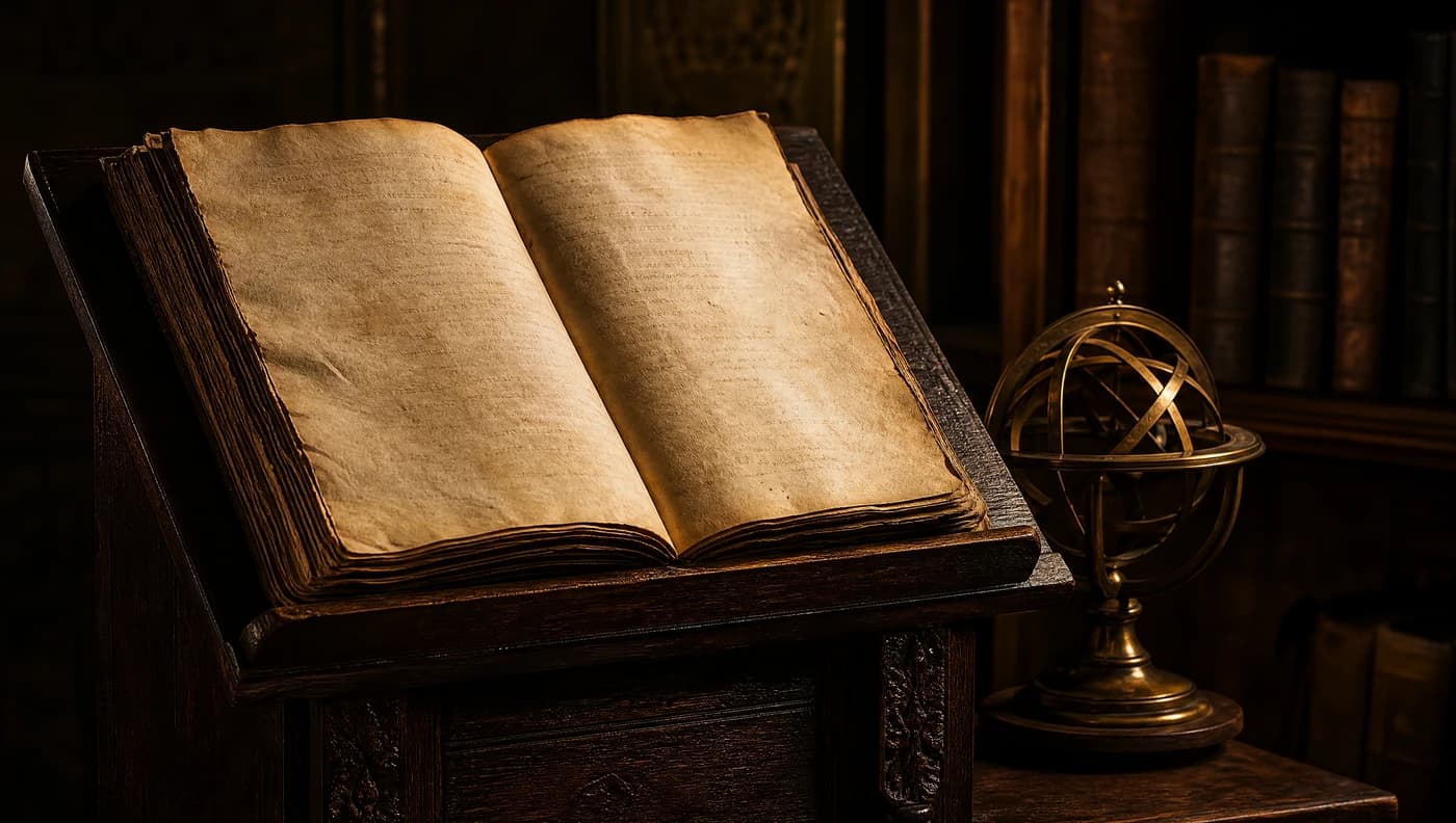 An illustrative manuscript and brass armillary sphere on a wooden desk