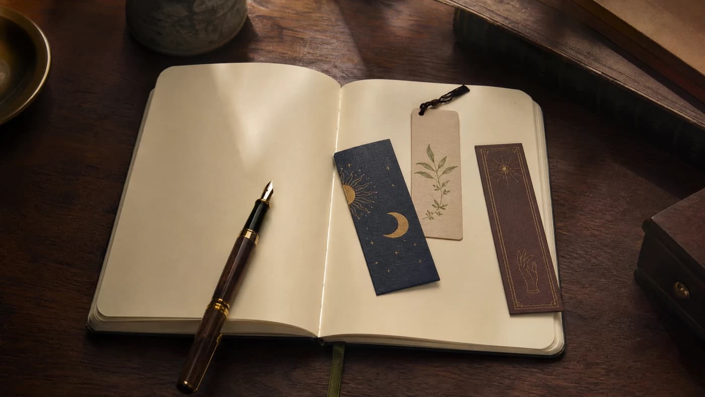 An open notebook, pen and bookmarks on dark wood