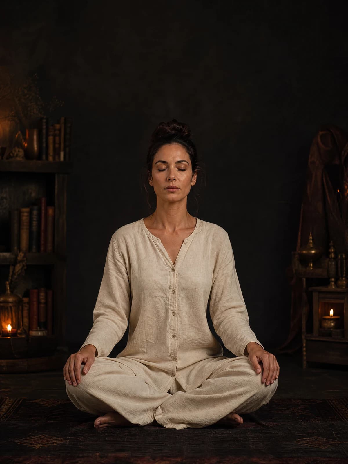 Seated figure with the seven traditional chakra positions marked from the root to the crown