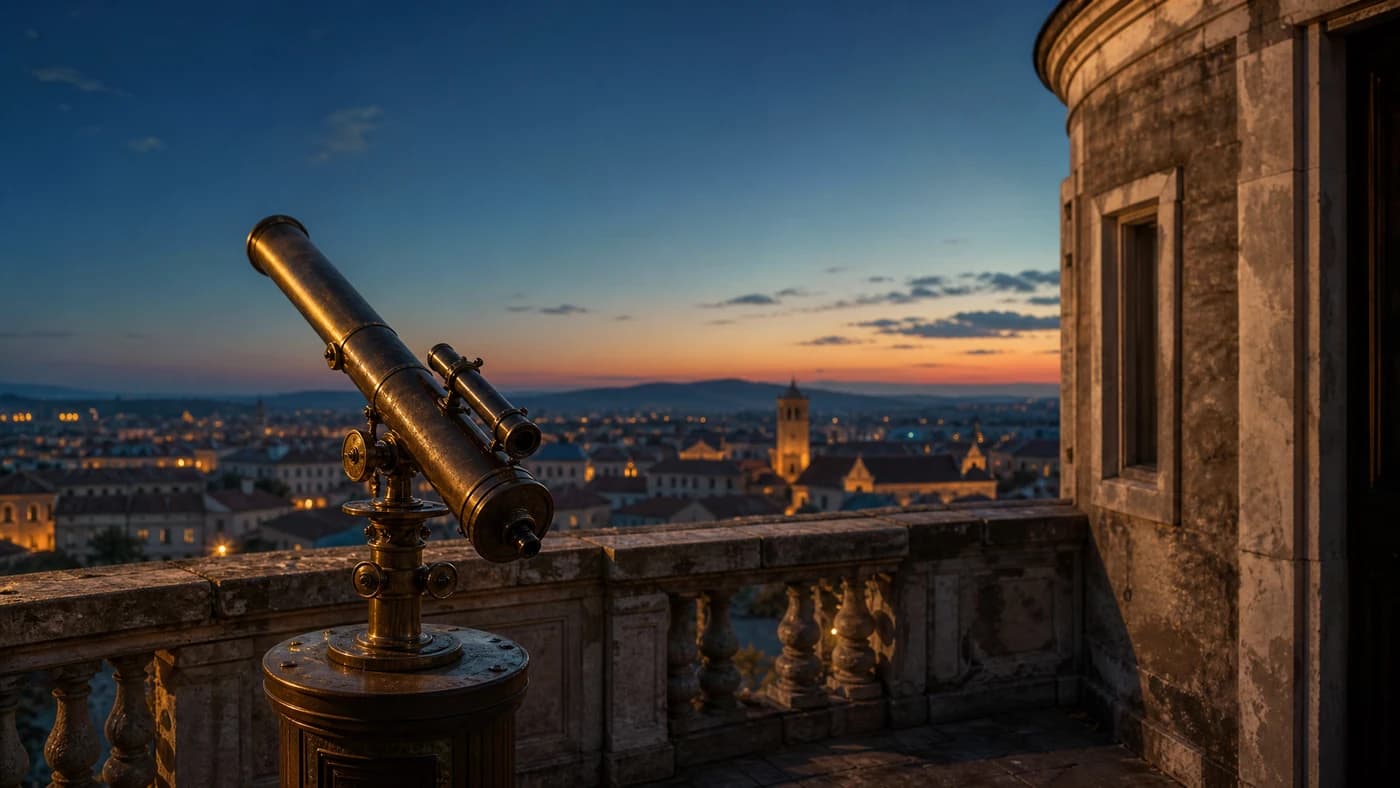 An old observatory with a brass telescope above town roofs at dusk