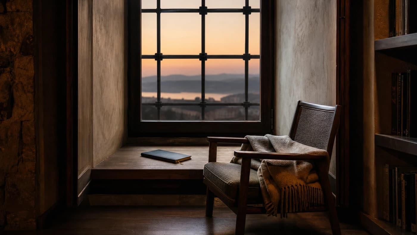 A quiet window alcove with one chair, a blanket and a closed notebook