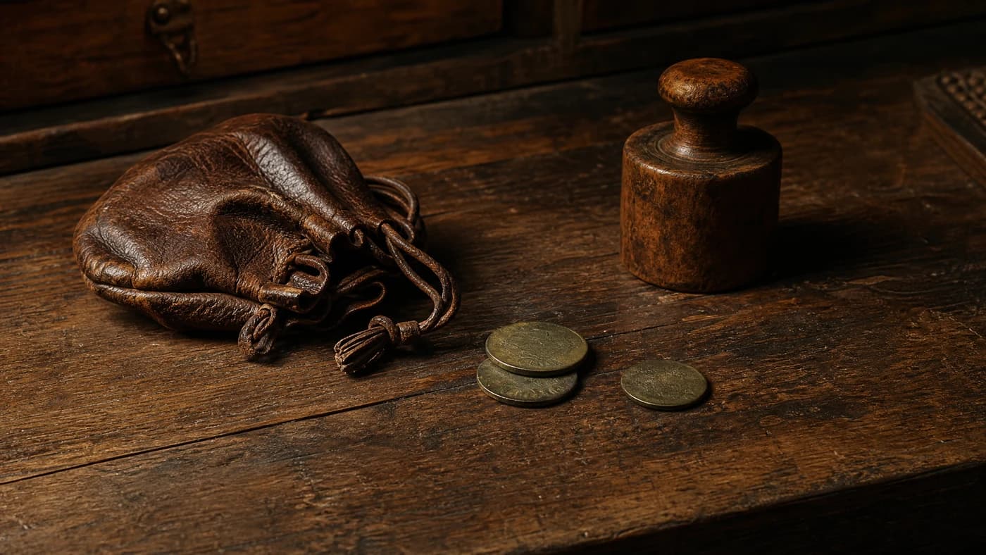 A leather purse, bronze coins and a weight on a wooden table