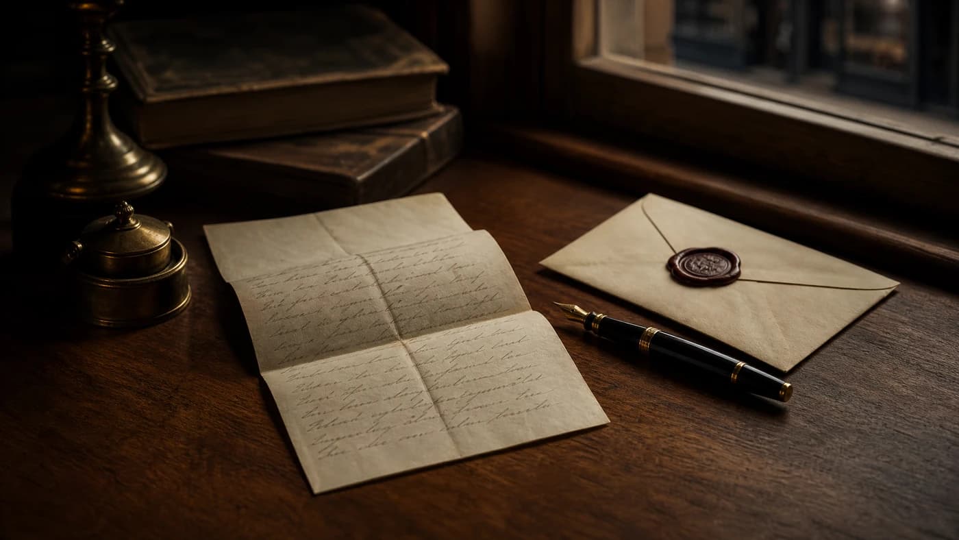 A letter, pen and envelope on a wooden desk beside a window