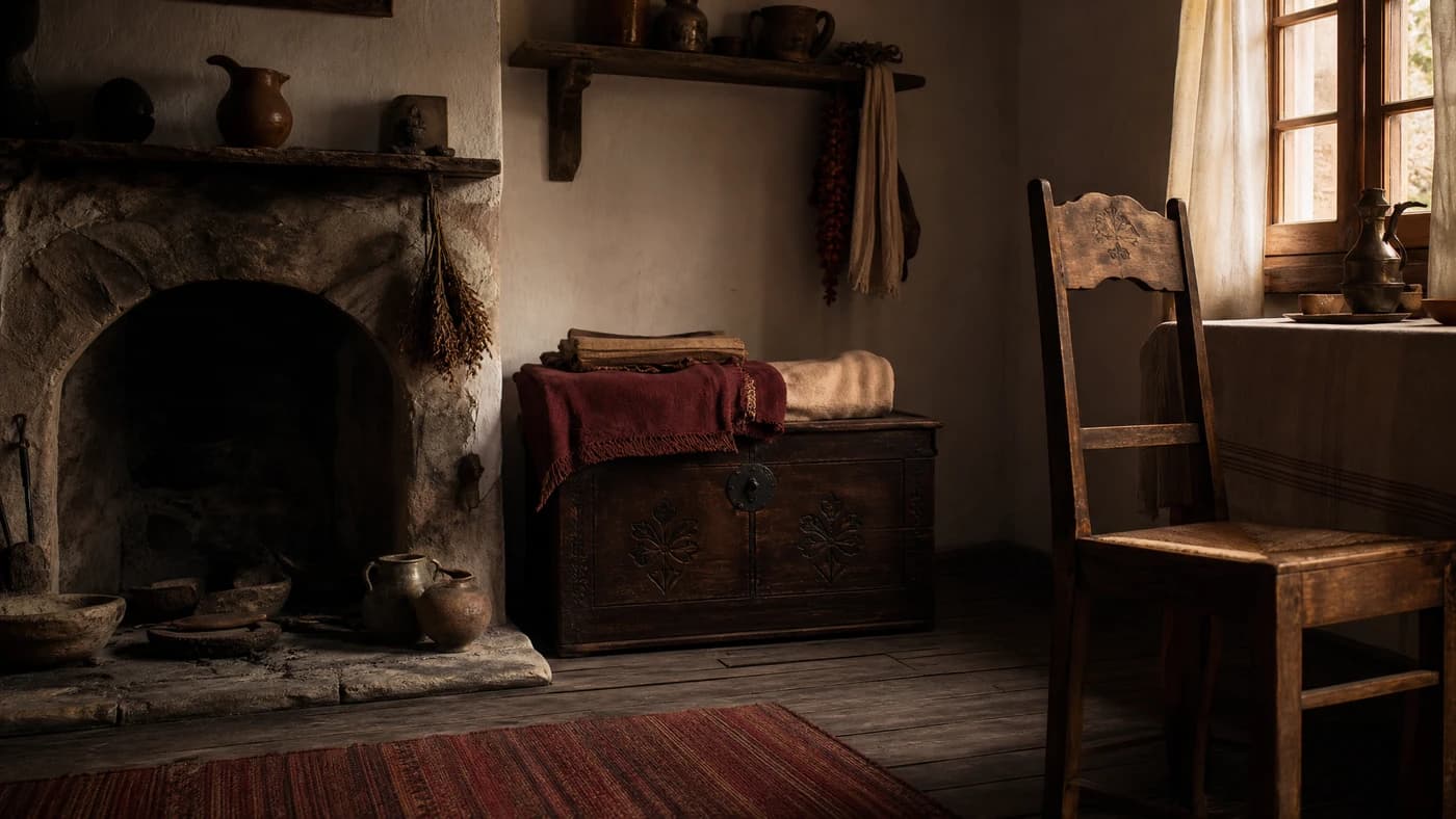A quiet home interior with a stone hearth, wooden chair and linen