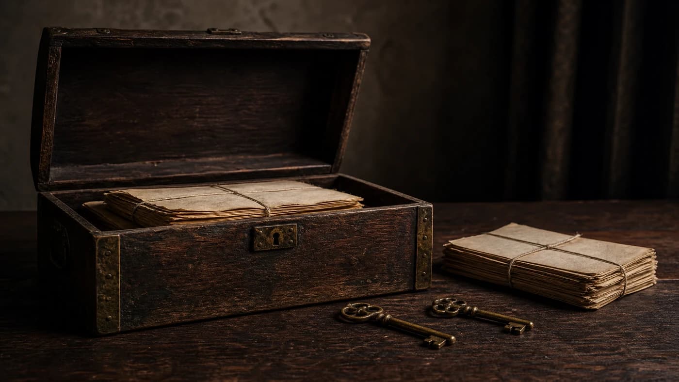 An open wooden document chest with two separate brass keys