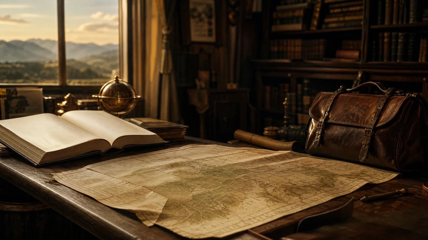A library desk with a book, folded map and leather travelling bag