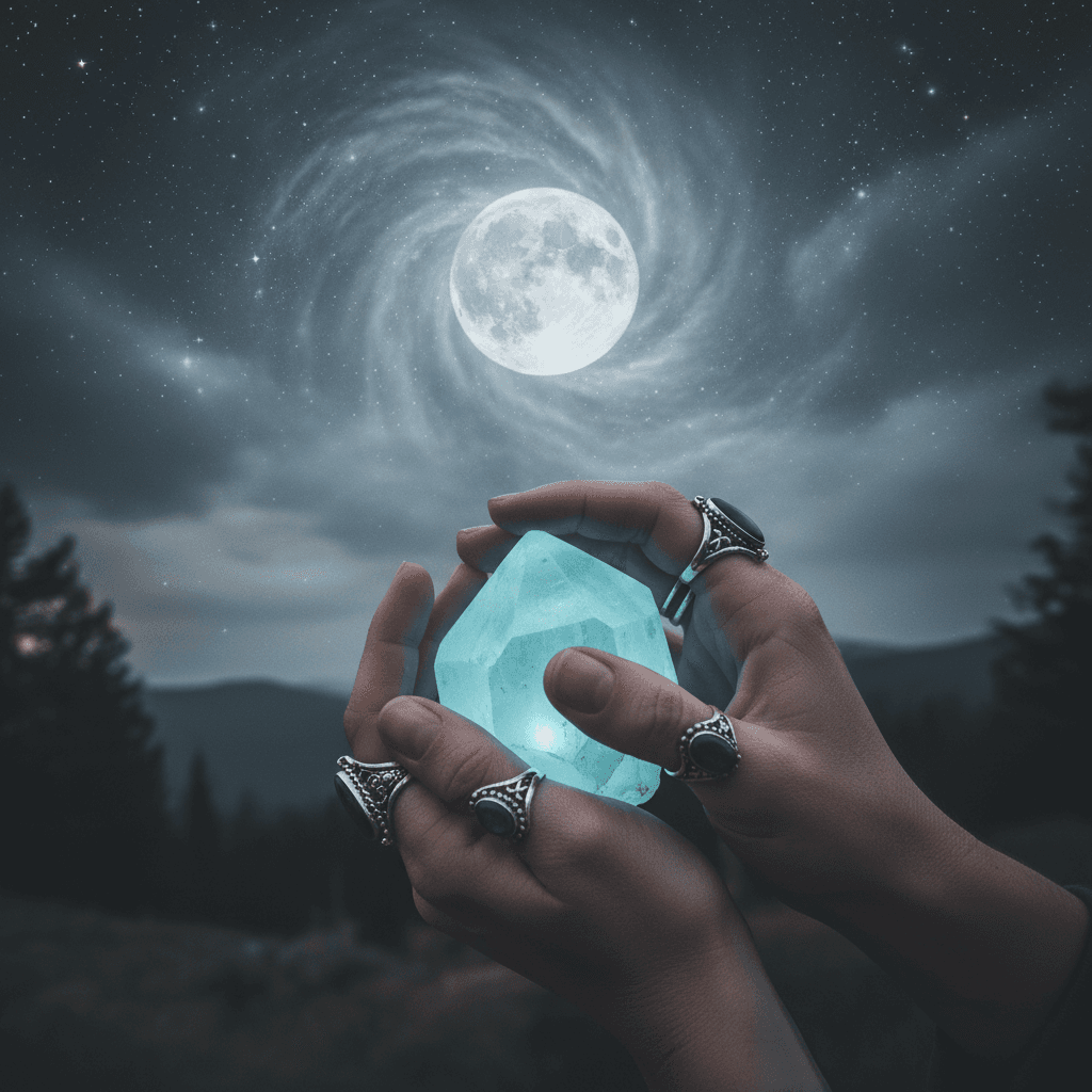 Жена държи светещ кристал под пълнолуние