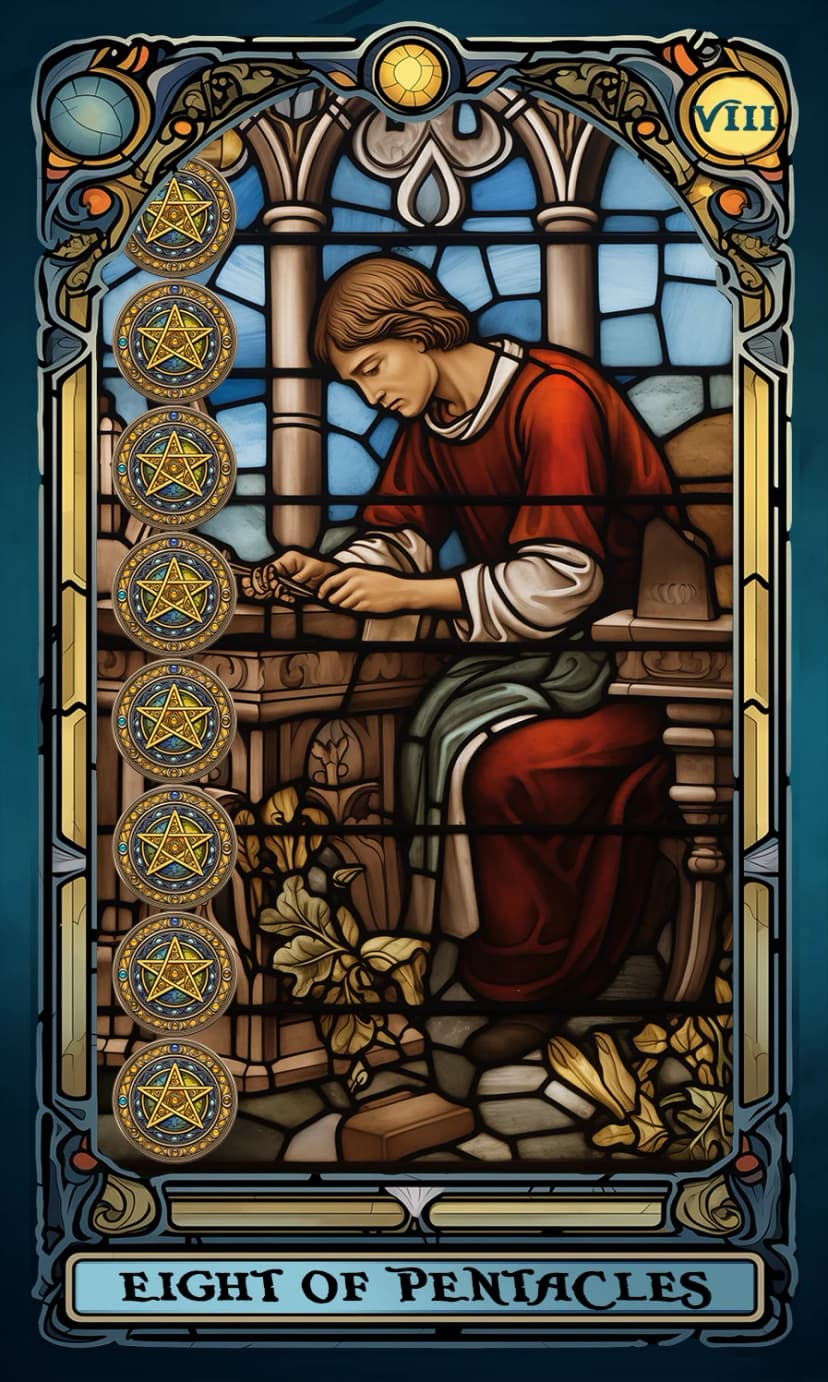 Изображение на карта таро Осмица Пентакли