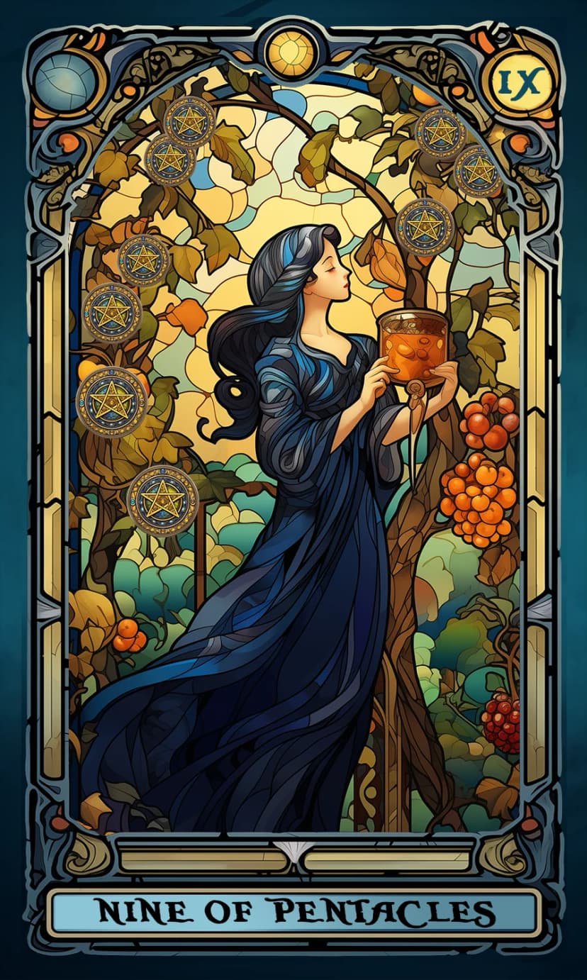 Изображение на карта таро Деветка Пентакли