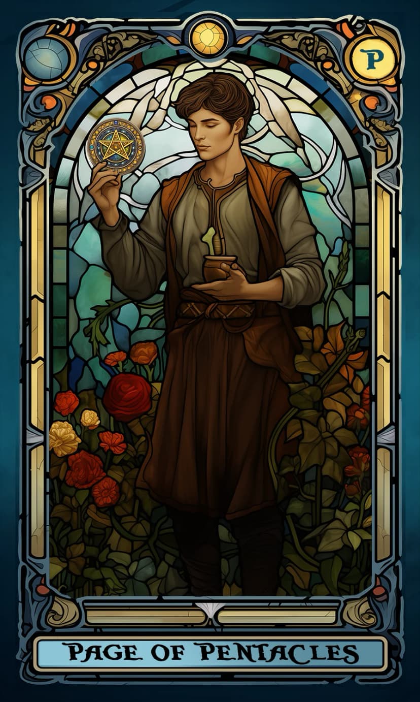 Изображение на карта таро Паж Пентакли