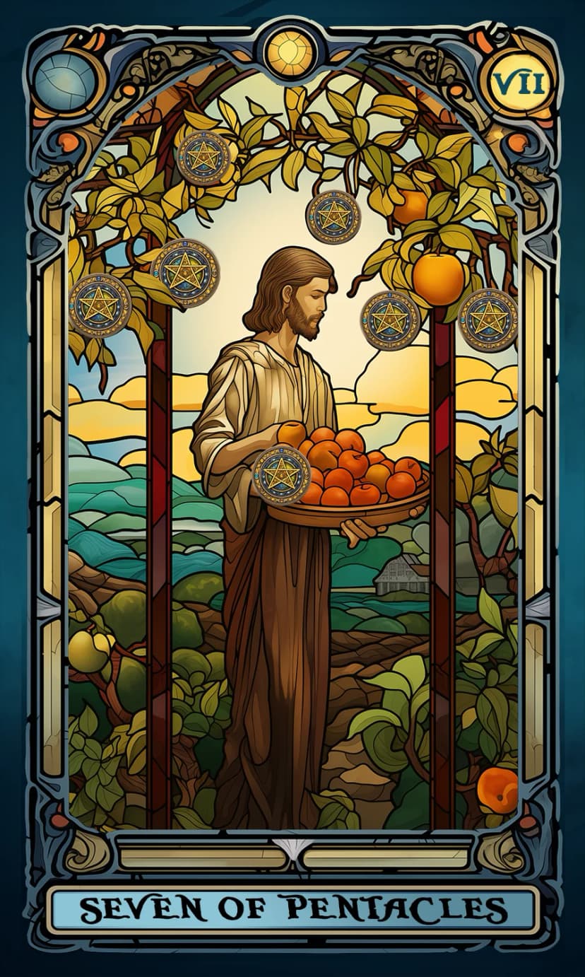 Изображение на карта таро Седмица Пентакли