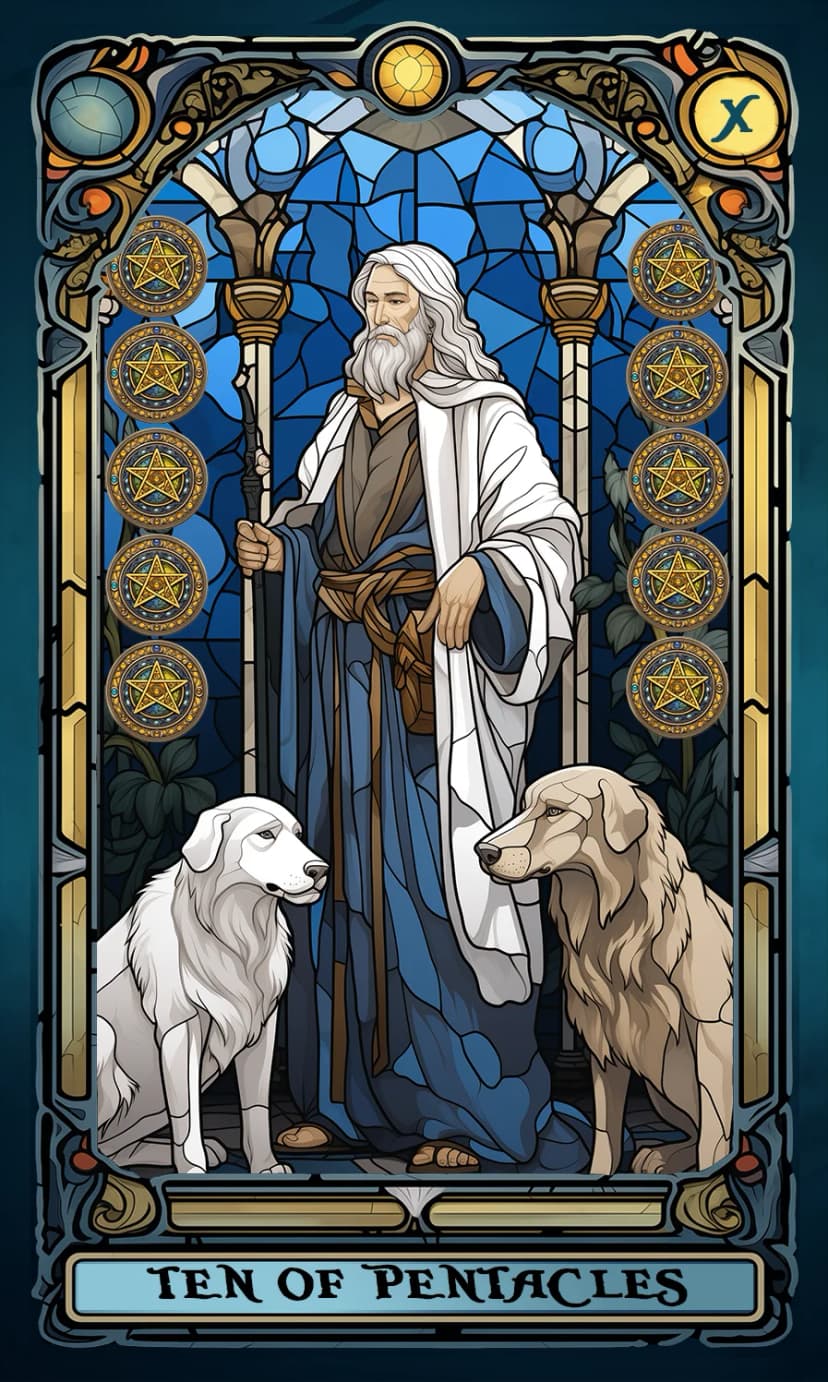 Изображение на карта таро Десятка Пентакли
