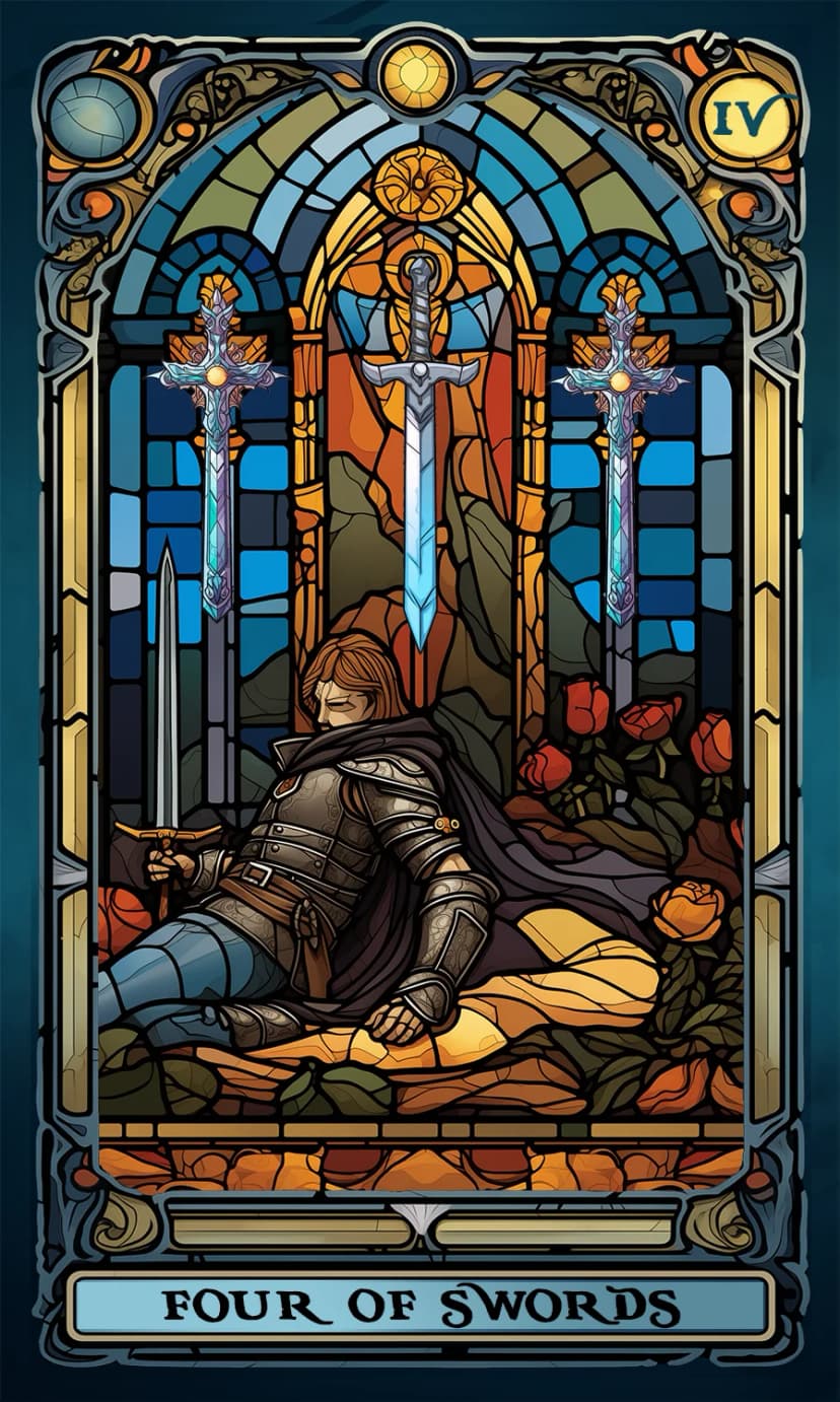 Изображение на карта таро Четворка Мечове