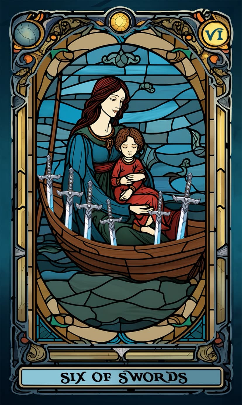 Изображение на карта таро Шестица Мечове