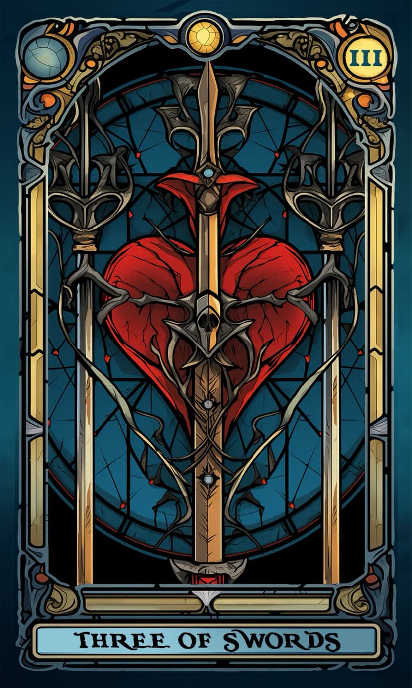 Изображение на карта таро Тройка Мечове