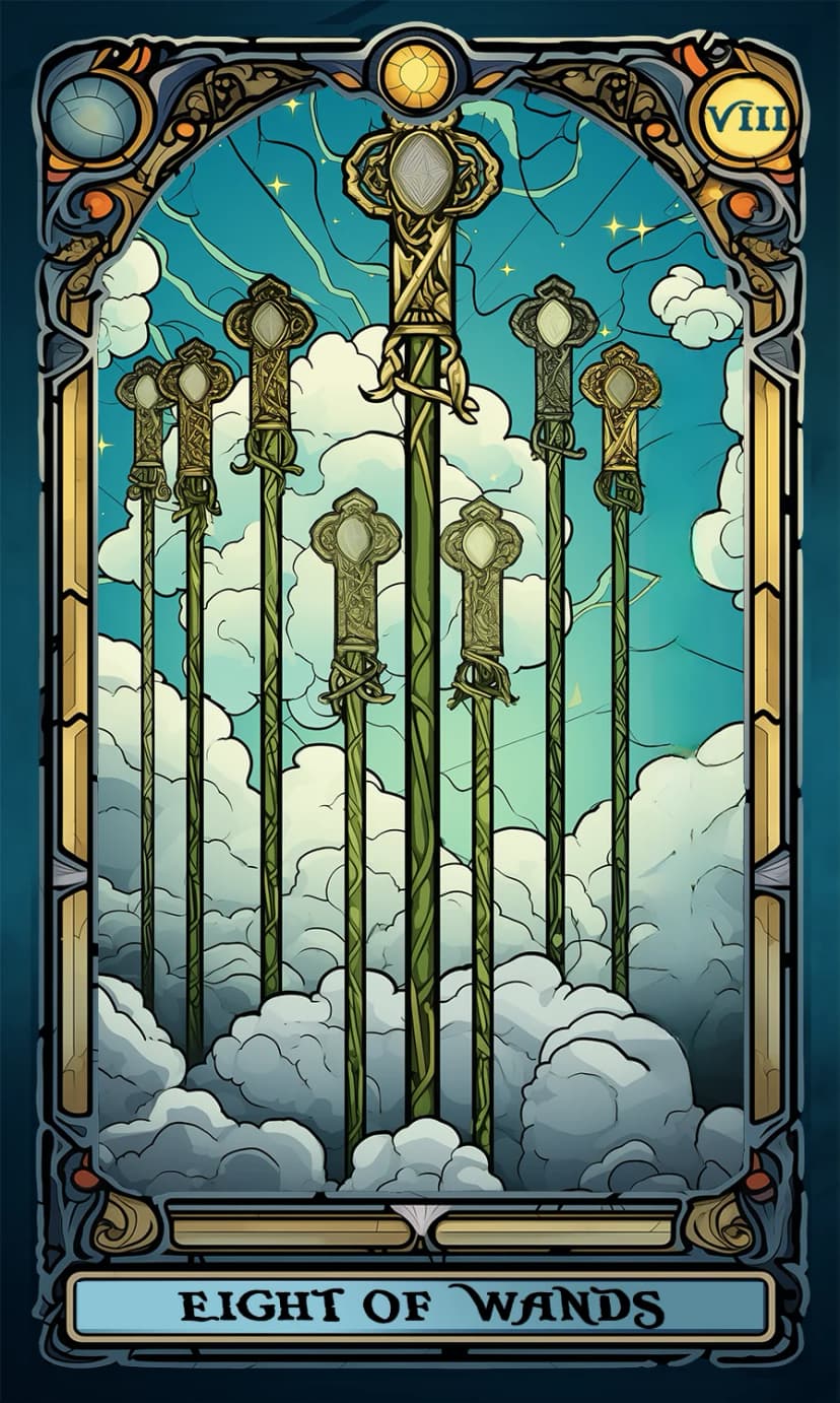 Изображение на карта таро Осмица Жезли