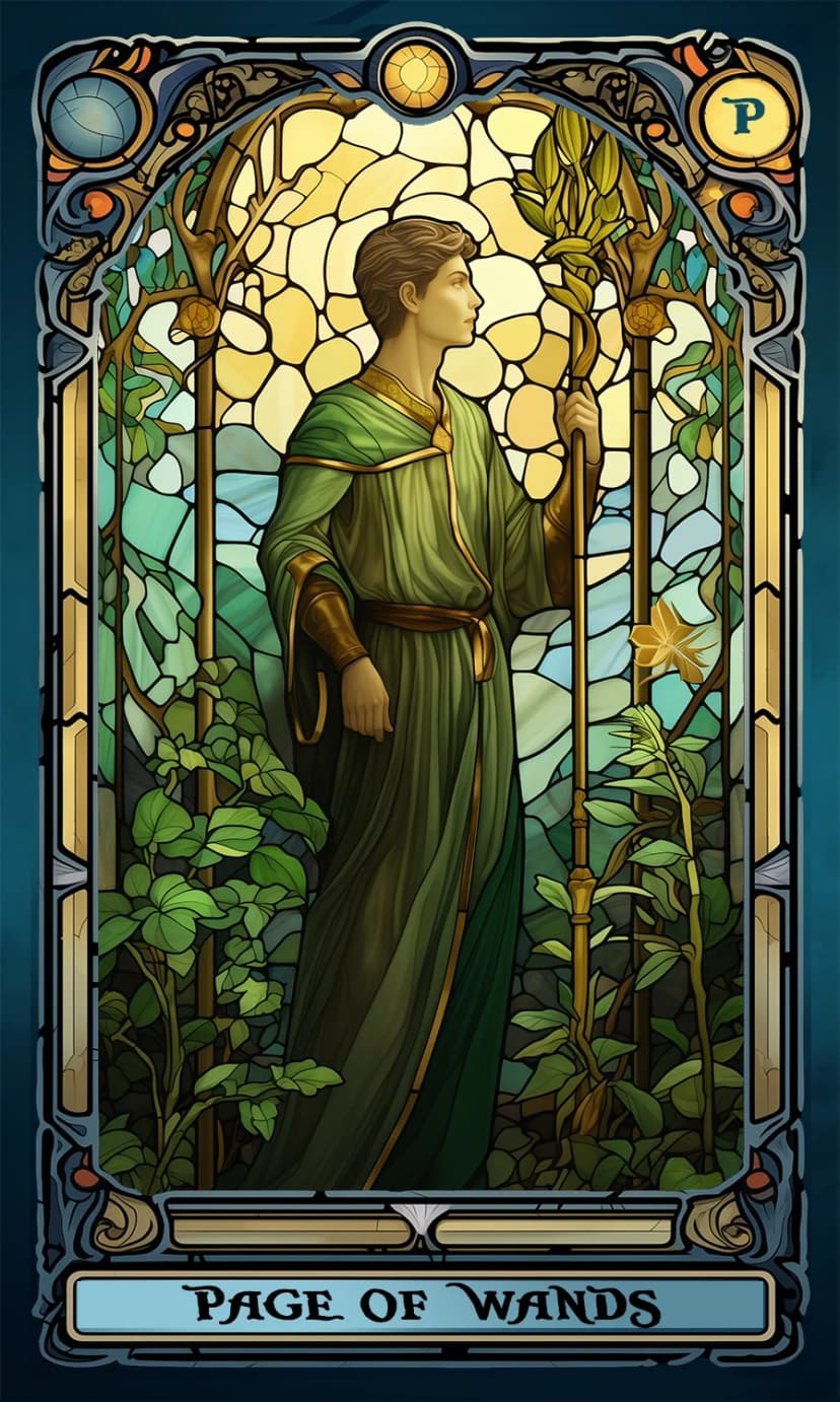Изображение на карта таро Паж Жезли