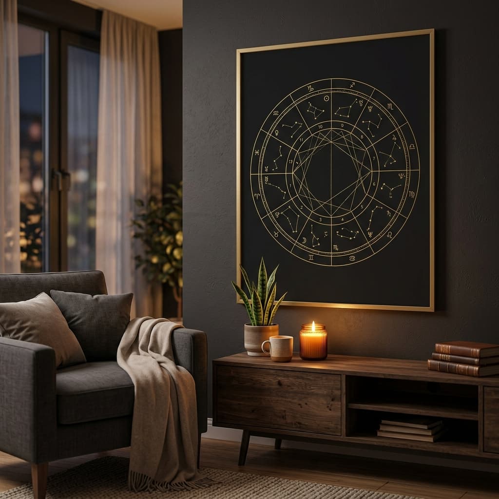 Framed natal chart poster on a wall