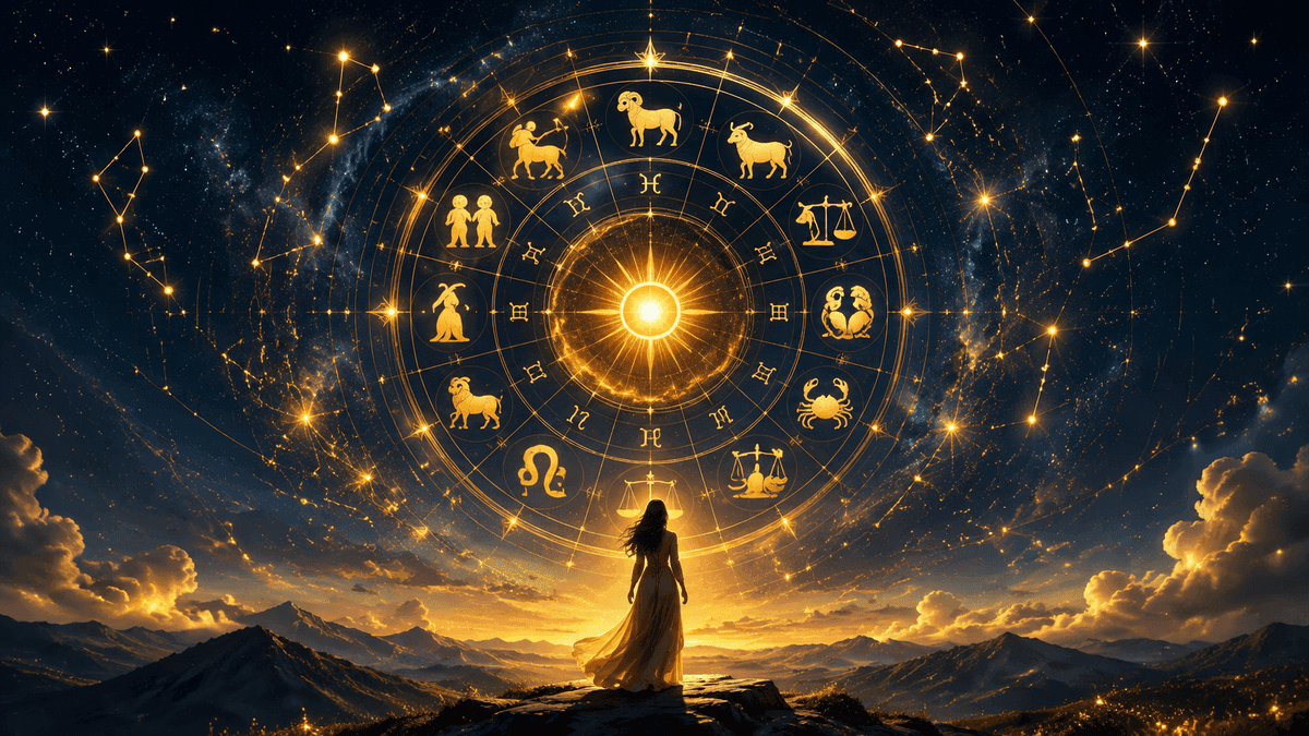 The year ahead in astrology - golden zodiac wheel over the night sky
