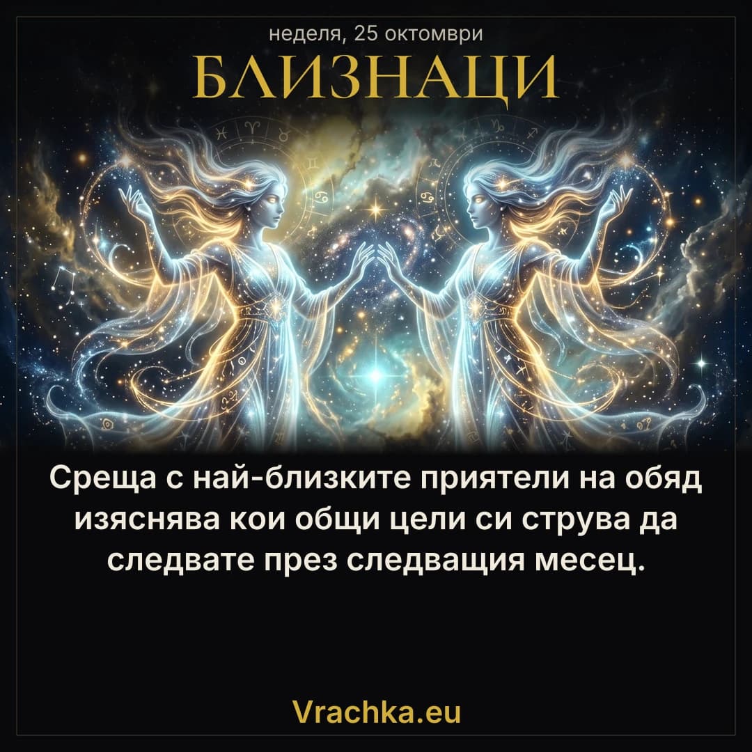 Близнаци, 25 октомври 2026 г. Среща с най-близките приятели на обяд изяснява кои общи цели си струва да следвате през следващия месец.