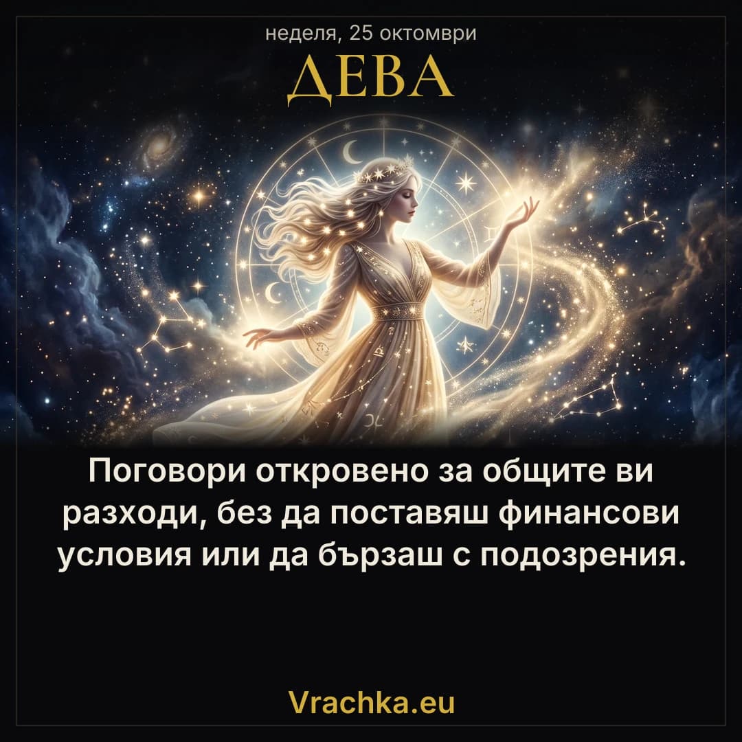 Дева, 25 октомври 2026 г. Поговори откровено за общите ви разходи, без да поставяш финансови условия или да бързаш с подозрения.