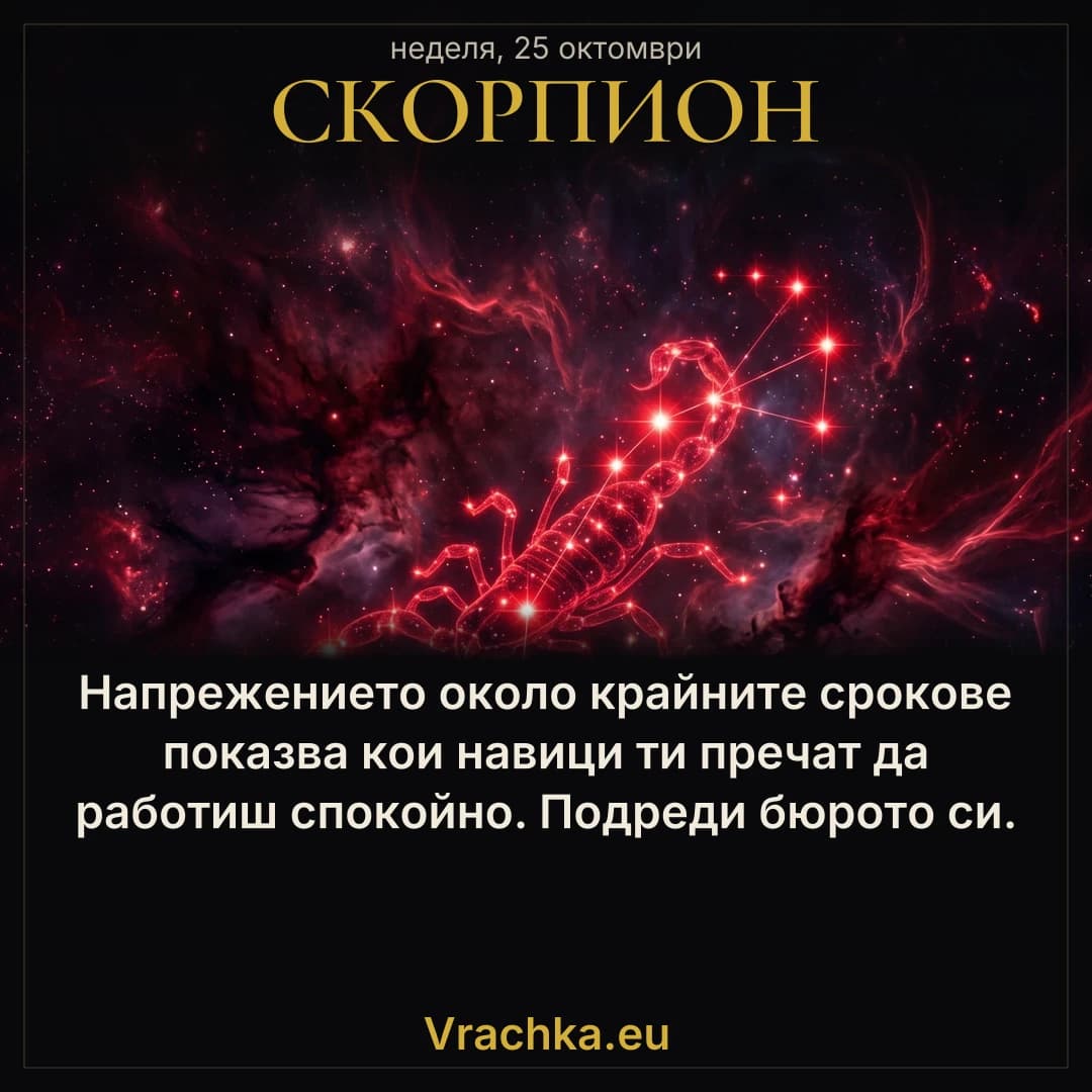Скорпион, 25 октомври 2026 г. Напрежението около крайните срокове показва кои навици ти пречат да работиш спокойно. Подреди бюрото си.