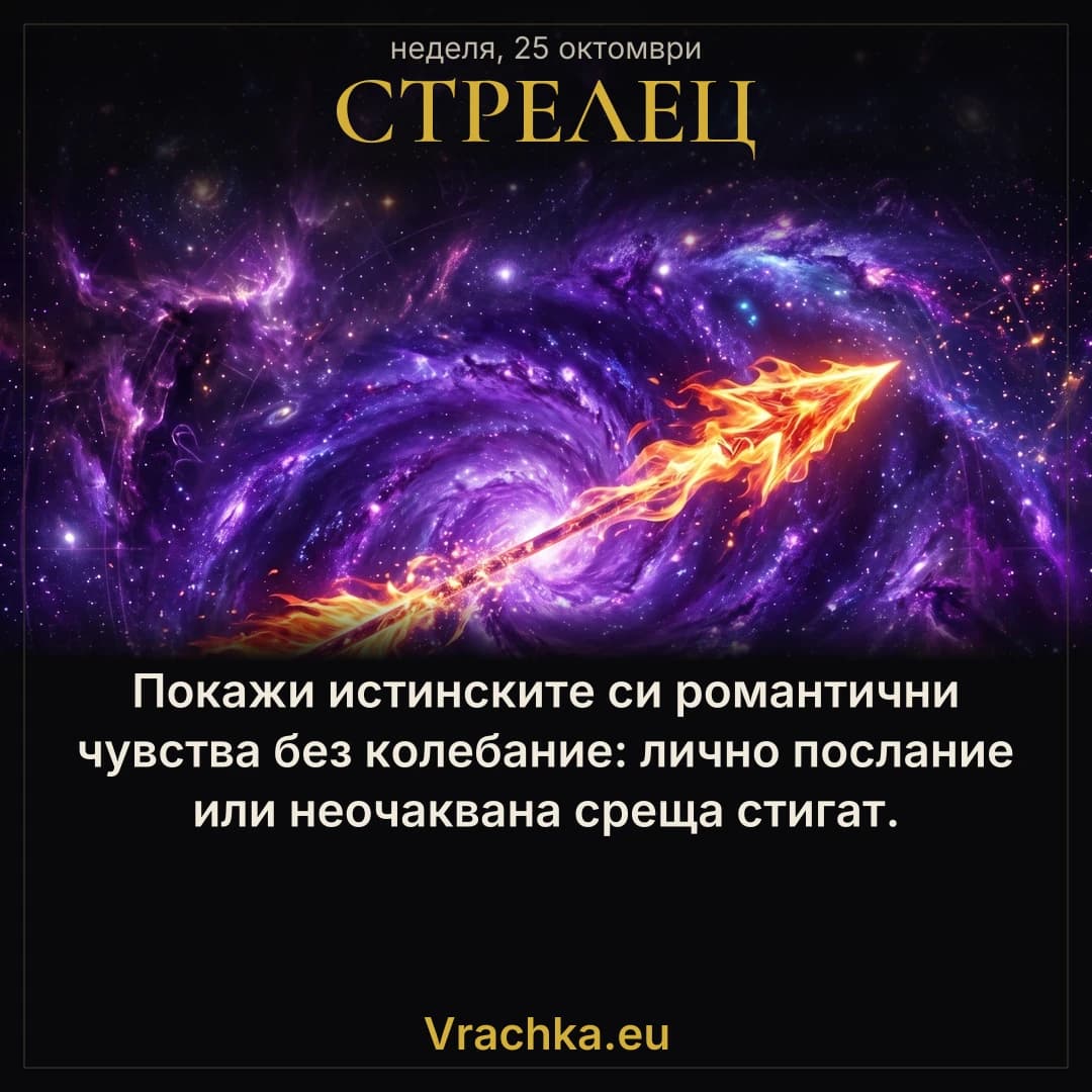 Стрелец, 25 октомври 2026 г. Покажи истинските си романтични чувства без колебание: лично послание или неочаквана среща стигат.