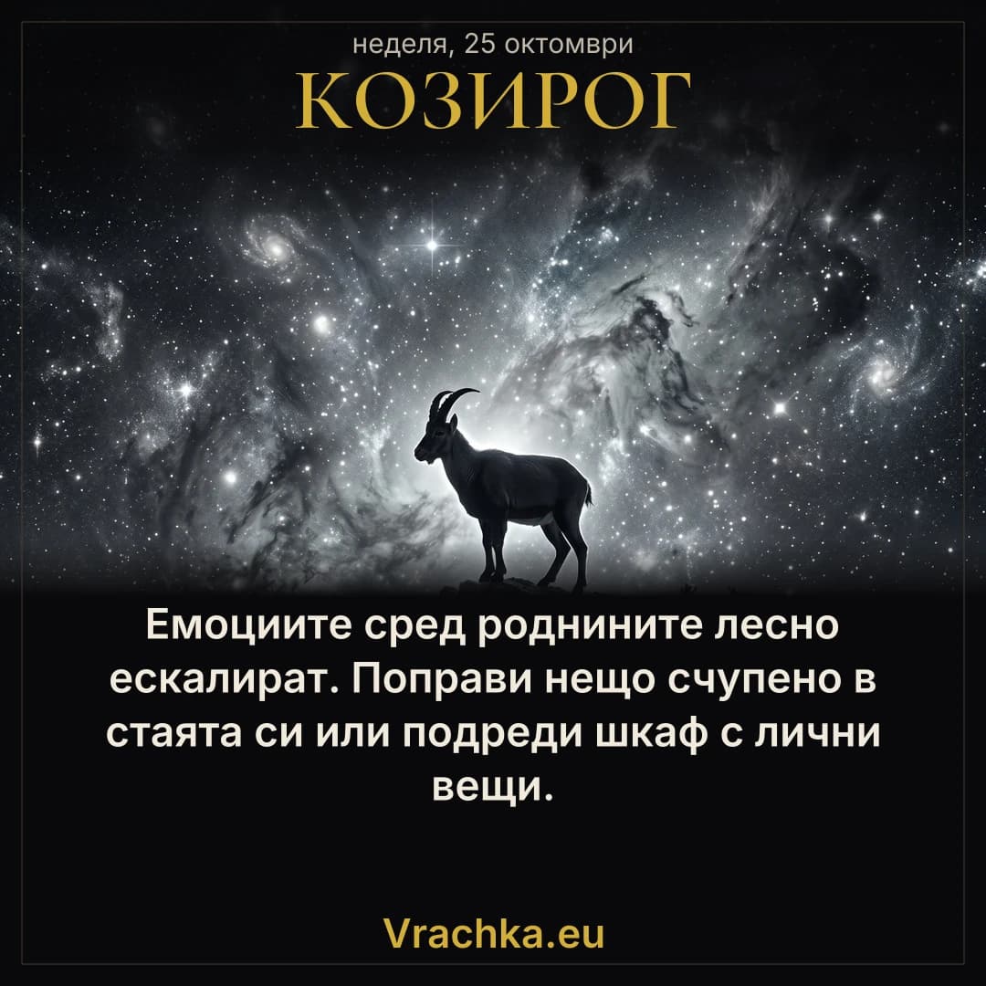 Козирог, 25 октомври 2026 г. Емоциите сред роднините лесно ескалират. Поправи нещо счупено в стаята си или подреди шкаф с лични вещи.
