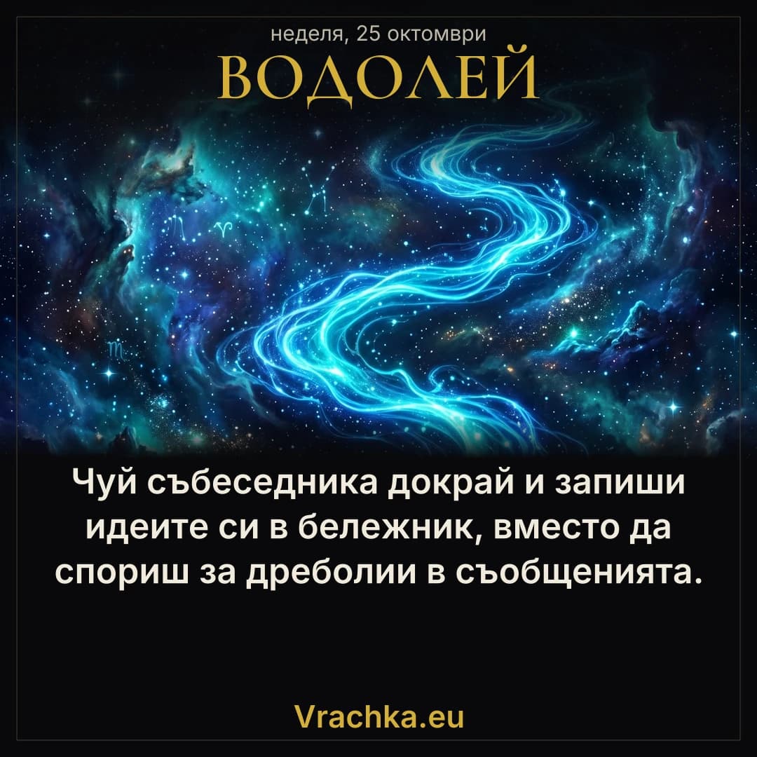 Водолей, 25 октомври 2026 г. Чуй събеседника докрай и запиши идеите си в бележник, вместо да спориш за дреболии в съобщенията.