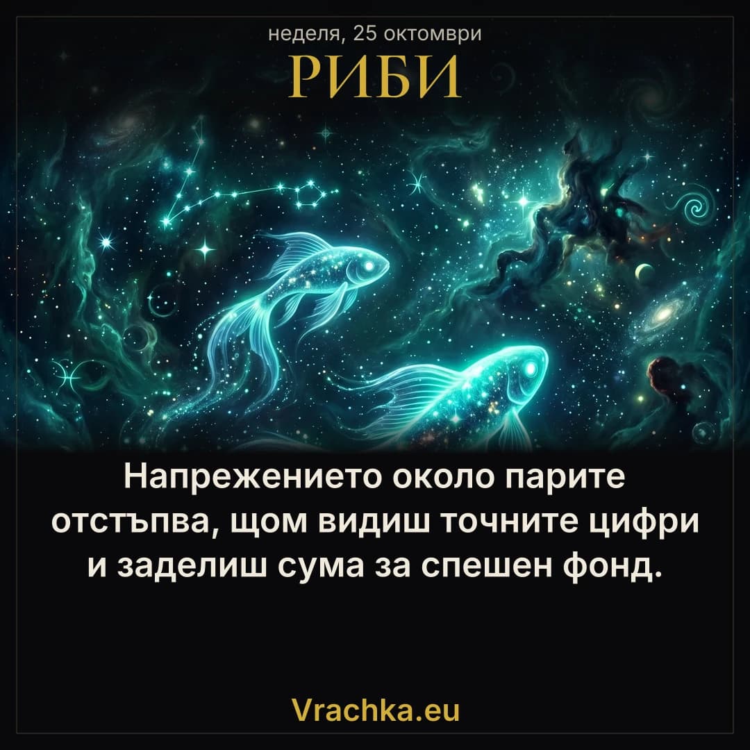 Риби, 25 октомври 2026 г. Напрежението около парите отстъпва, щом видиш точните цифри и заделиш сума за спешен фонд.